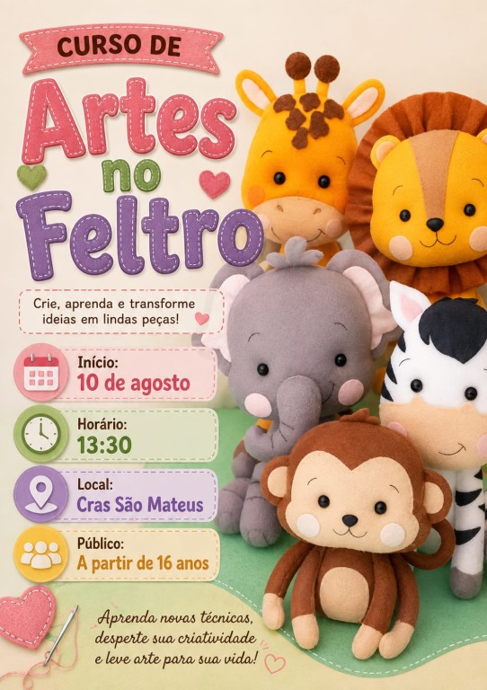CRAS São Mateus oferece curso gratuito de artesanato em feltro com 30 vagas em Várzea Grande