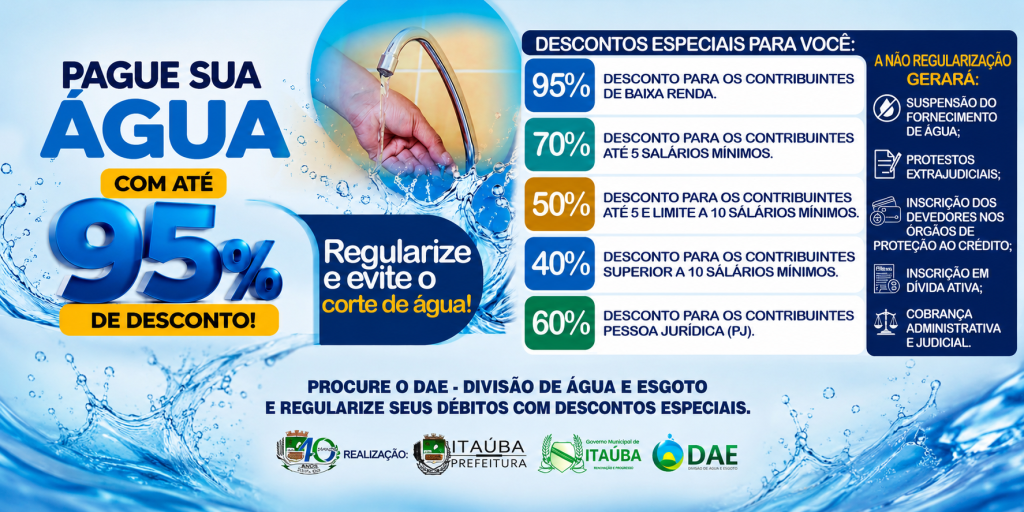 DAE de Itaúba oferece descontos de até 95% para regularização de débitos